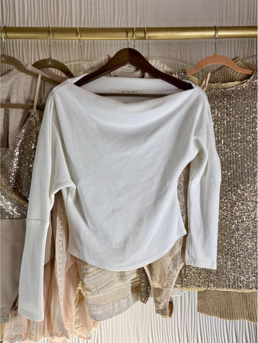 Free People SMALL Fuji Thermal We The Free White Off-Shoulder Long Sleeve Top